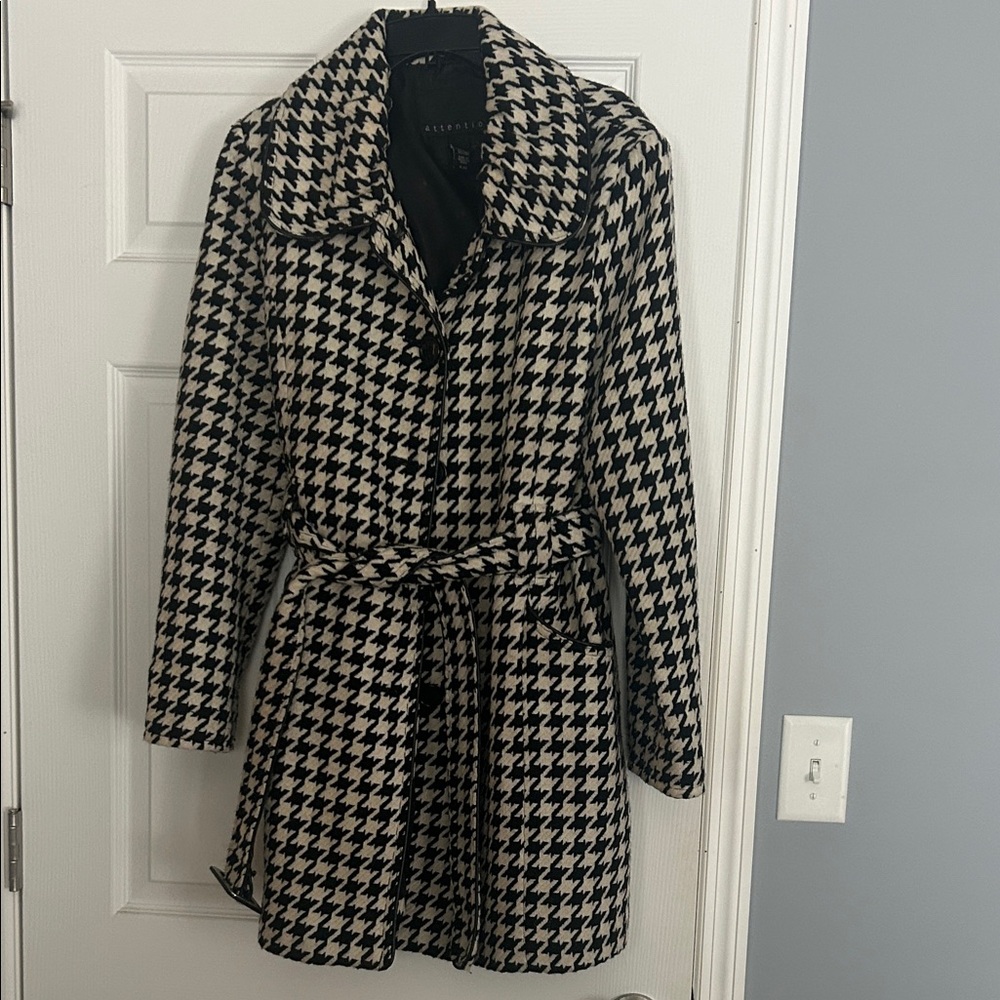 attention Houndstooth Belted Trench Coat - Black & Cream